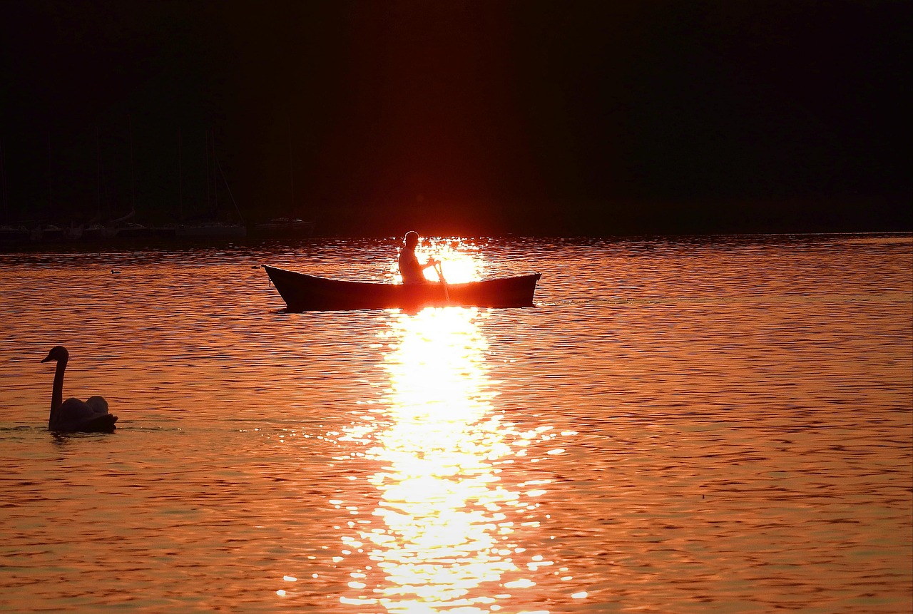 sunset, lake, landscape, twilight, łódź