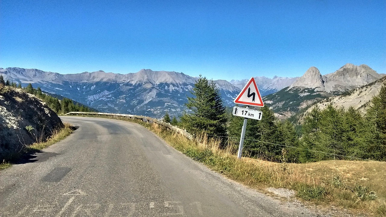 road, mountain, landscape, france, sinuous road, valley, summit, alps, signage, high mountains, col d'allos, altitude, view, panoramic