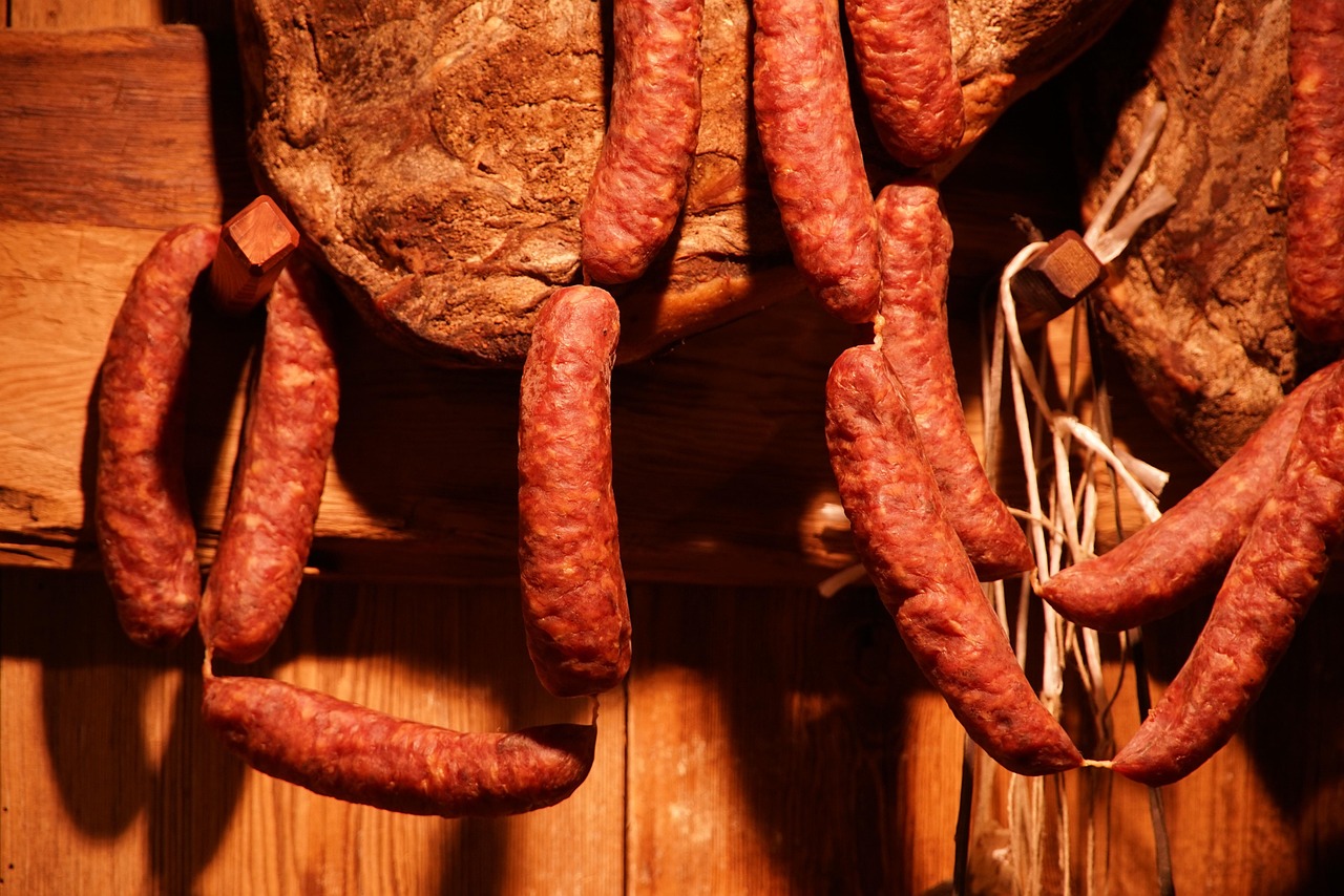 sausages, food, market, smoked, salami, bacon, meat