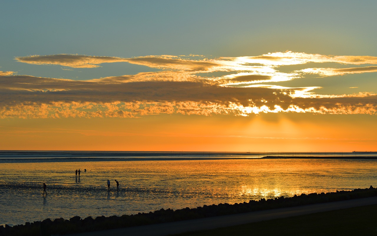 sunset, north sea, the nature park wadden sea, sea, coast, clouds, horizon, meldorfer bay, dithmarschen, watt, running watts, evening atmosphere, vacations, wadden sea, bathing elpersbüttel, schleswig-holstein