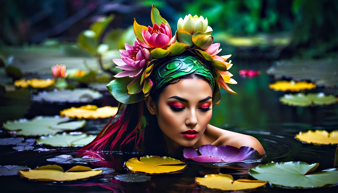 ai generated, woman, lotus, pond, beautiful, waterlily, artful, colorful