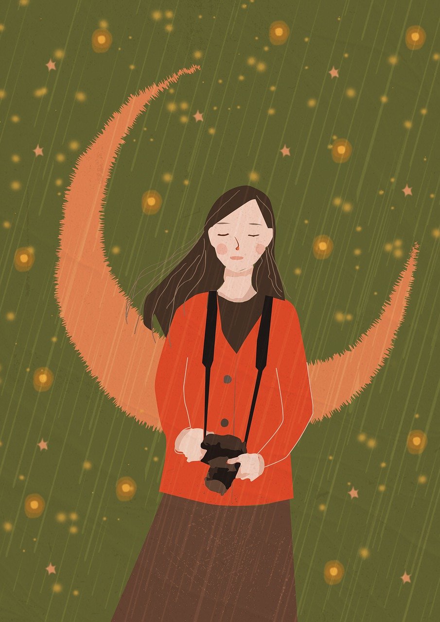 girl, magic, moon, stars, photography, artwork, raining