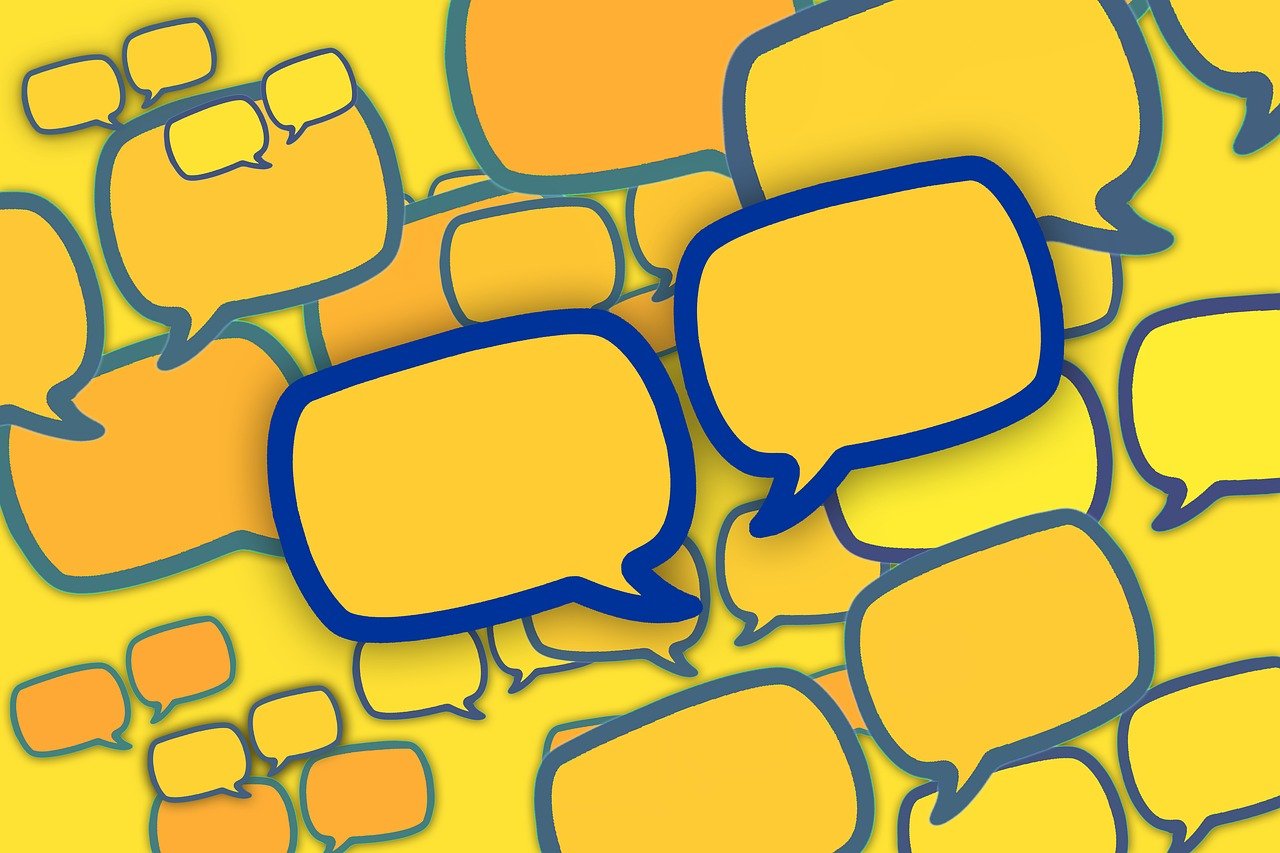 communication, conversation, discussion, chat, speech bubbles, talk, dialogue, tiktok, messaging, sharing, social media, yellow, orange, blue, graphics, digital, feedback, ideas, thoughts, opinions, interaction