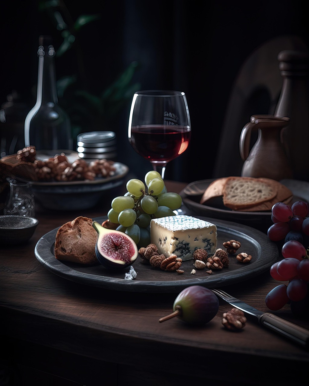 cheese, grapes, wine, blue mold, gorgonzola, mold, noble mold, dairy products, food, ingredient, snack, healthy, gastronomy, kitchen, ai generated