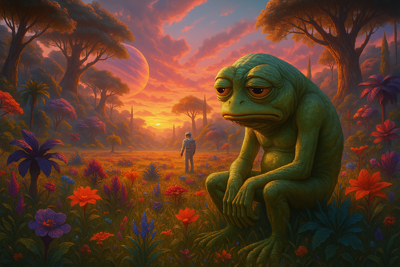 ai generated, alien, planet, tropical, meadow, sunset, golden hour, astronaut, first contact, alien flora, exploration, science fiction, nature, frog meme, sad frog, funny, outer space, new world, meme vibe, discovery, 8k wallpaper, wallpaper, 8k