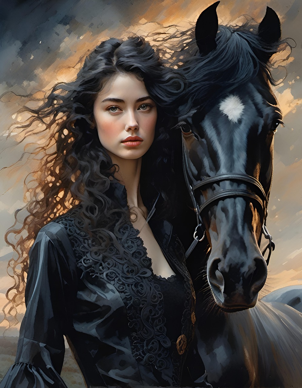 ai generated, woman, horse, girl, animal, friendship, portrait, goth