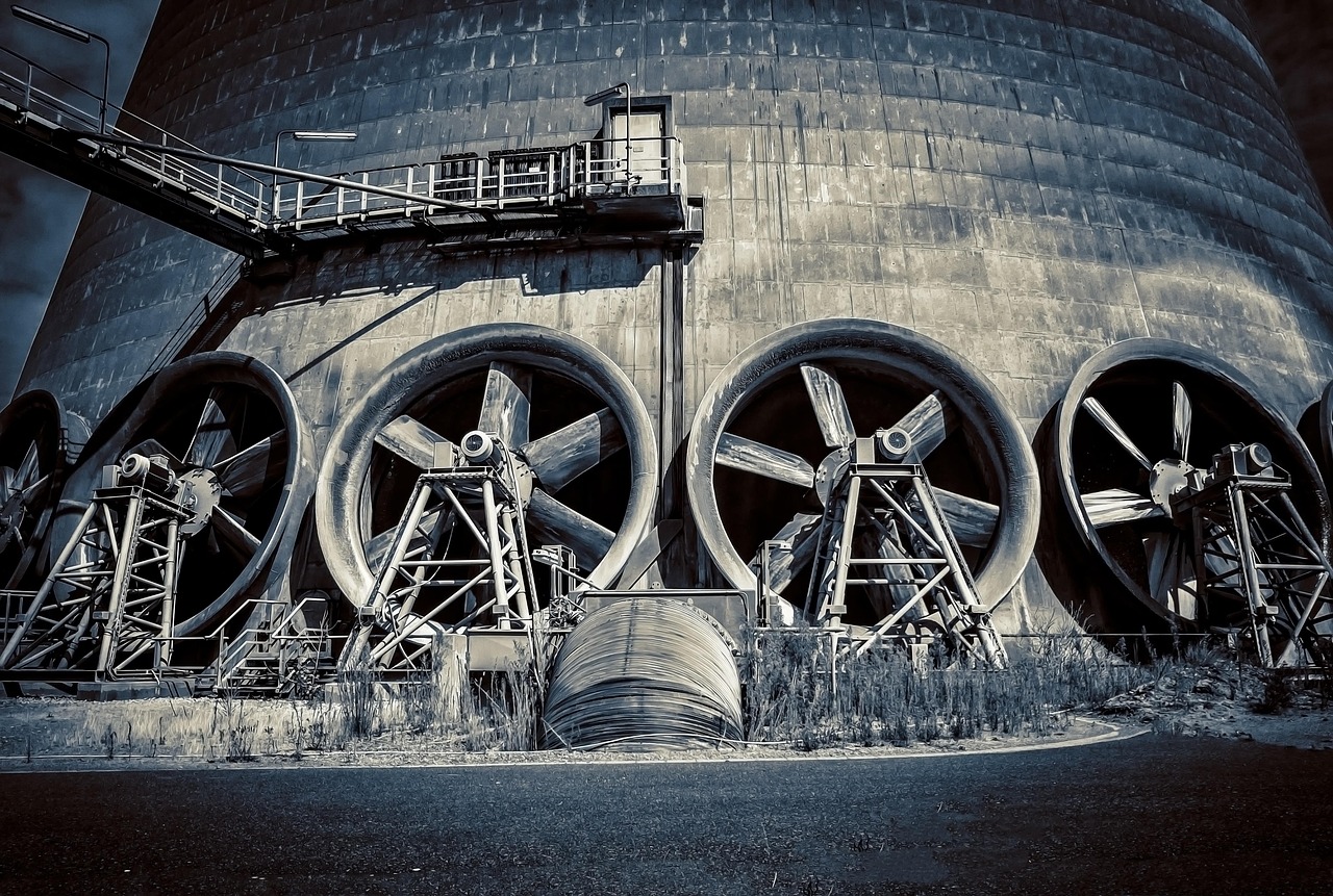 fan, cooling, propeller, power plant, cooling tower, cooler, industry, blower, heavy industry, industrial, turbines, black and white