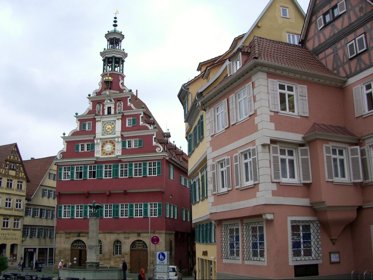 town hall, town hall square, houses, old town hall, historical row of houses, esslingen