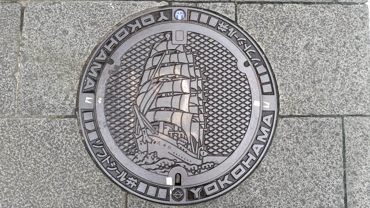 lid, yokohama, drain lid, metal, city, sewerage, drain, steel, cover, manhole, drainage, pavement, hatch, sewage