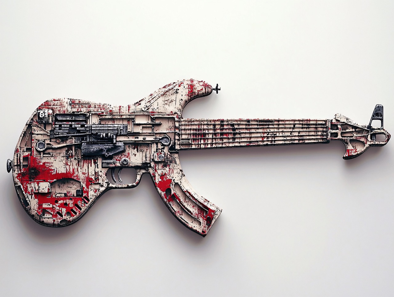 ai generated, guitar, electric, weapon, design, music, instrument, fusion, modern, detailed, industrial, futuristic, creative, unique, metal, tech, innovative, musical, gear, artistic, mechanical, concept, abstract