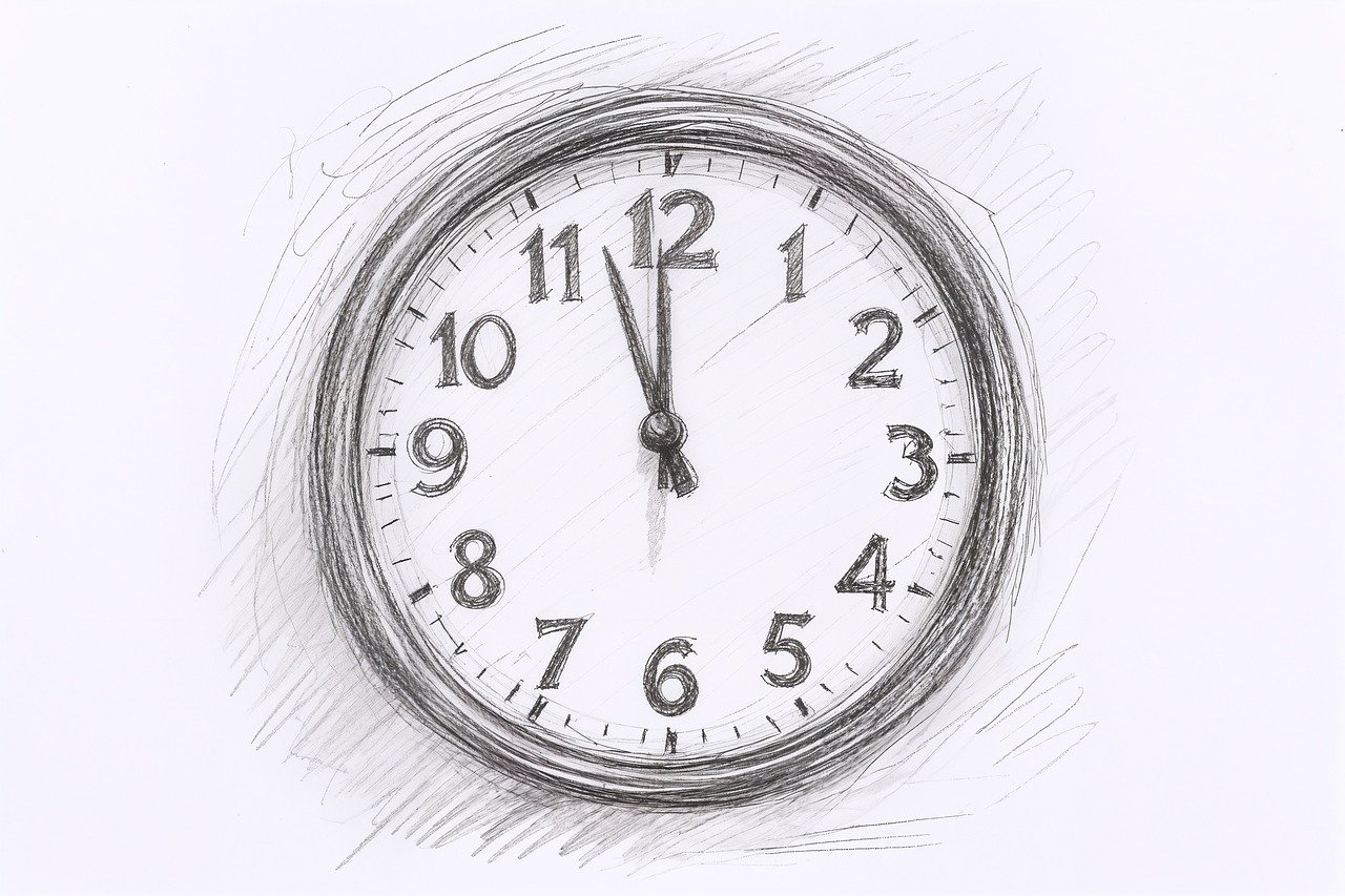 clock, sketch, drawing, time, analog, deadline, measurement, seconds, minutes, hours, timepiece, urgency, countdown, hand-drawn, circular, numbers, twelve, five-minutes-to-twelve, black-and-white, ai generated