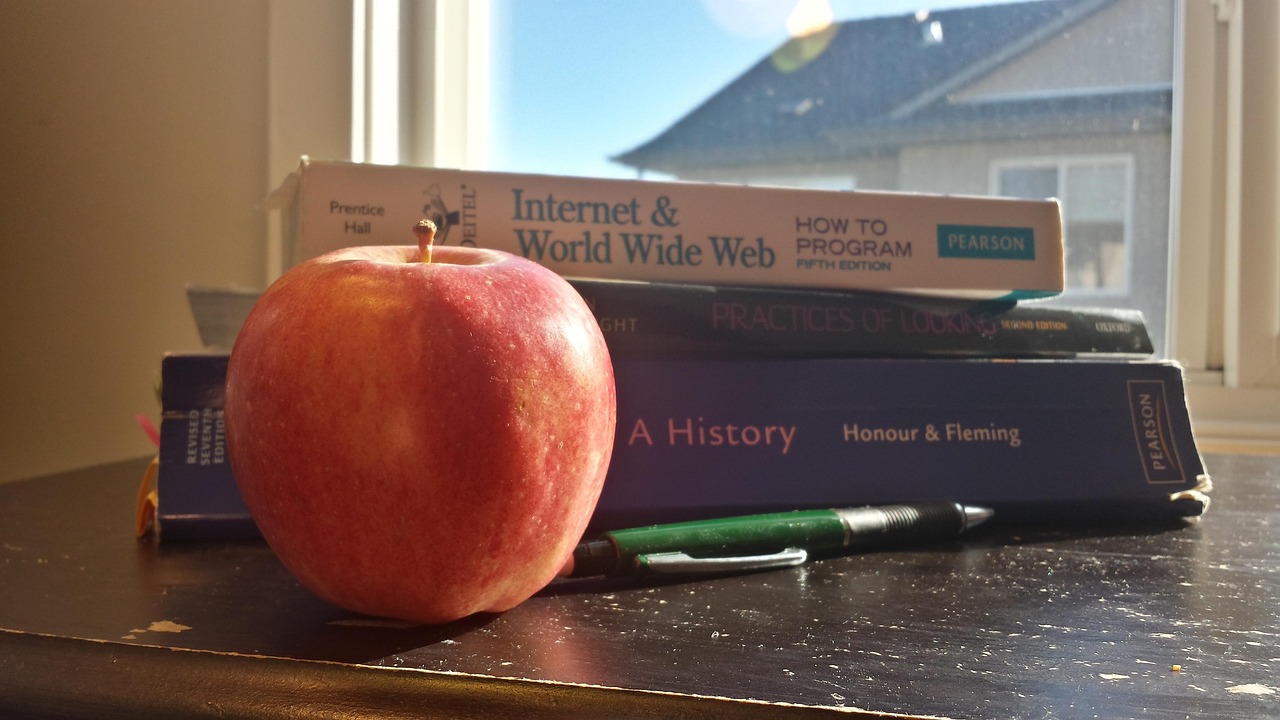 textbook, apple, pencil, study, home, snack, education, learn, information, workbook, studying, fruit, book, brown education, brown learning, brown study, brown information, brown studying
