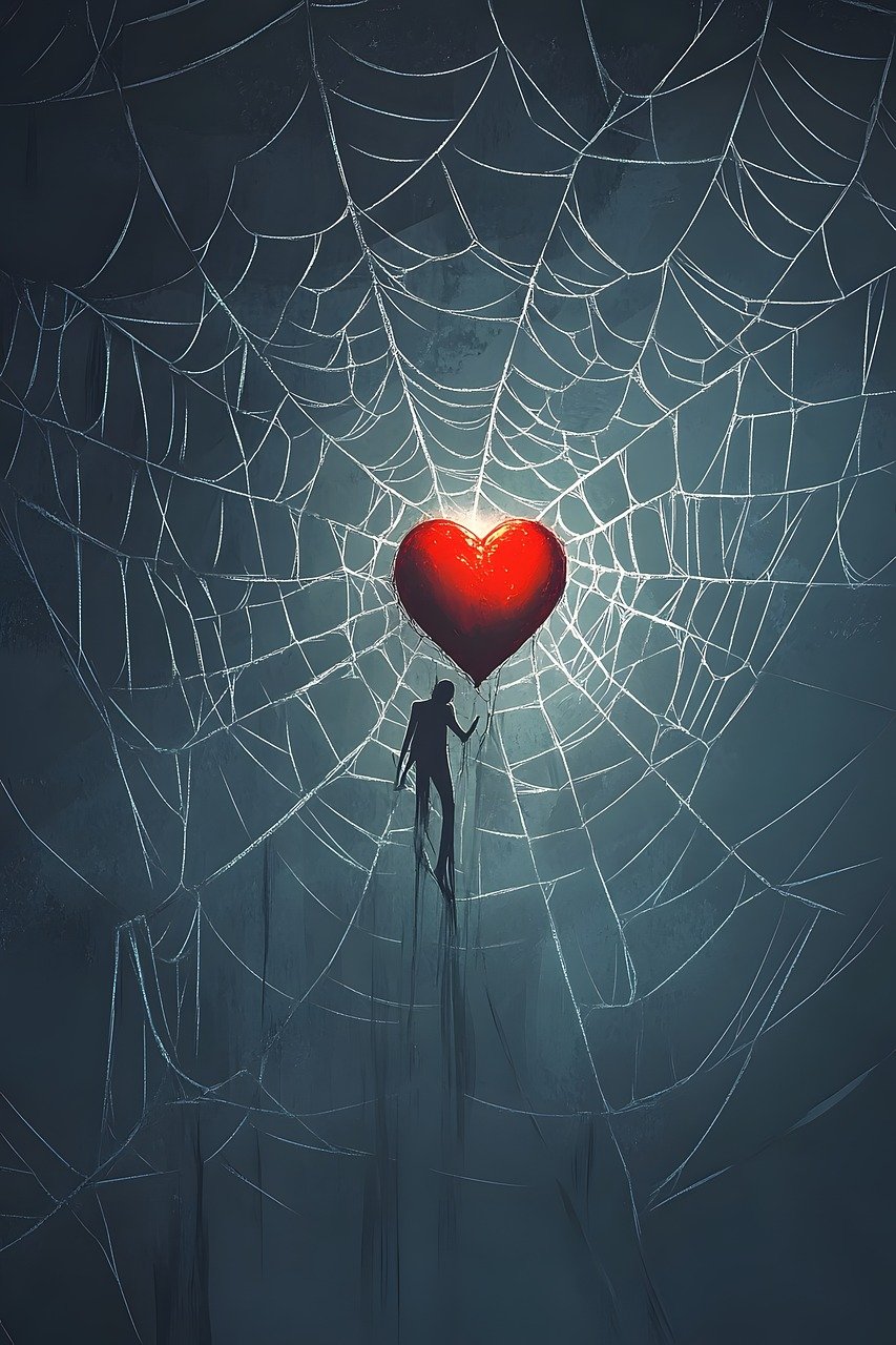 intricate, web, spider, network, heart, love, caught, background, generated by ai