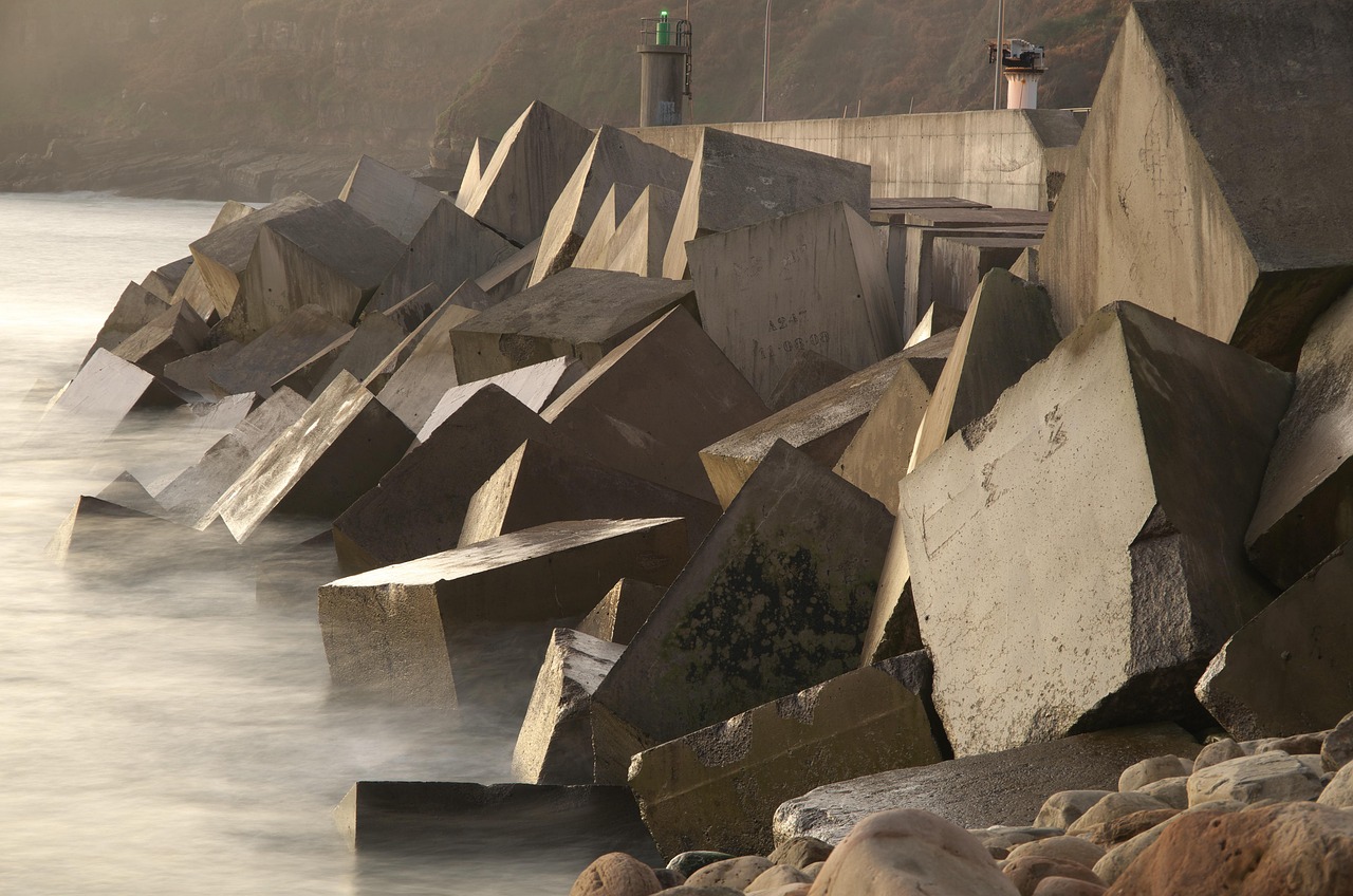 concrete, blocks, breakwater, spain, sea, outdoors