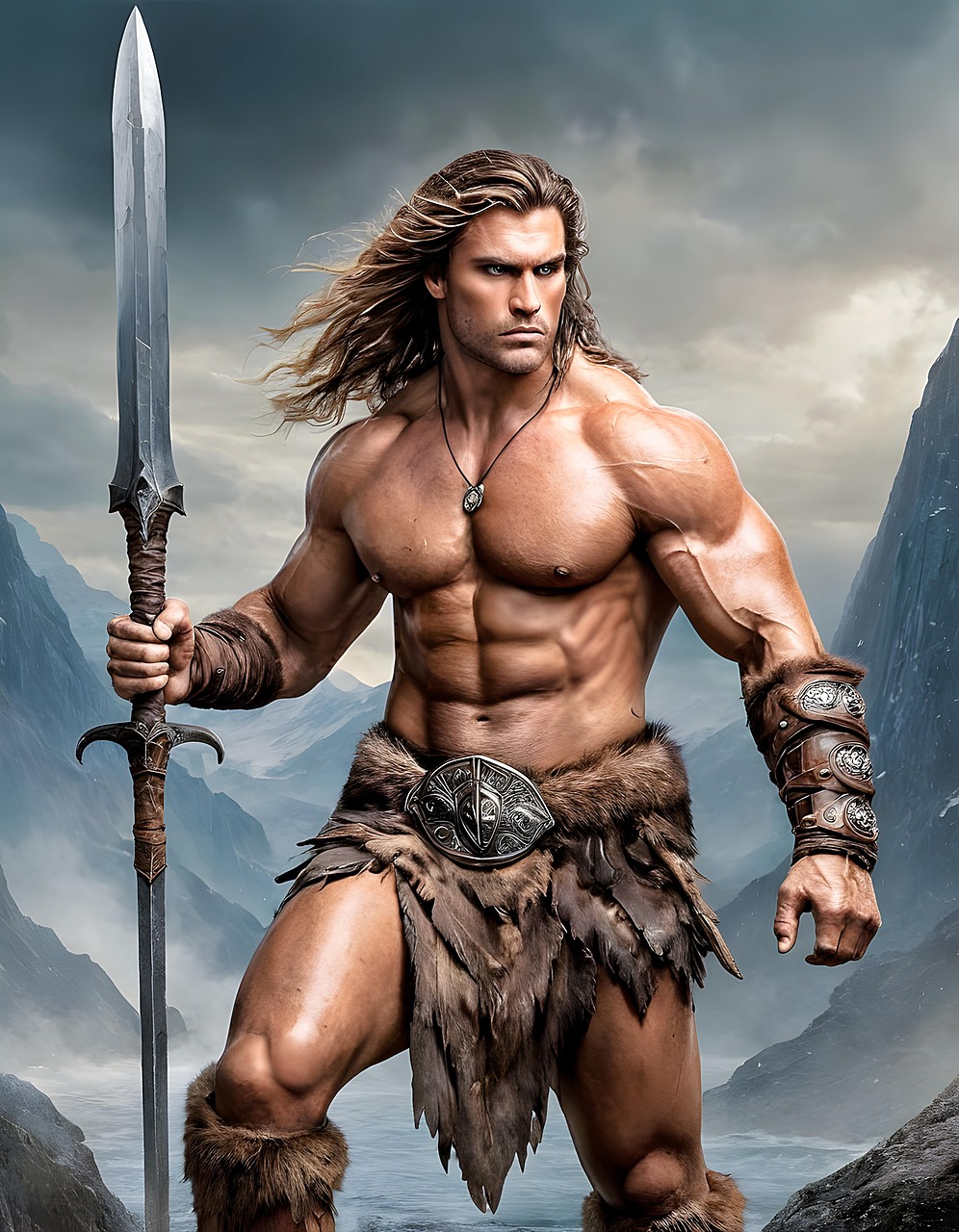ai generated, man, spear, male, fantasy, warrior, weapon, fighter