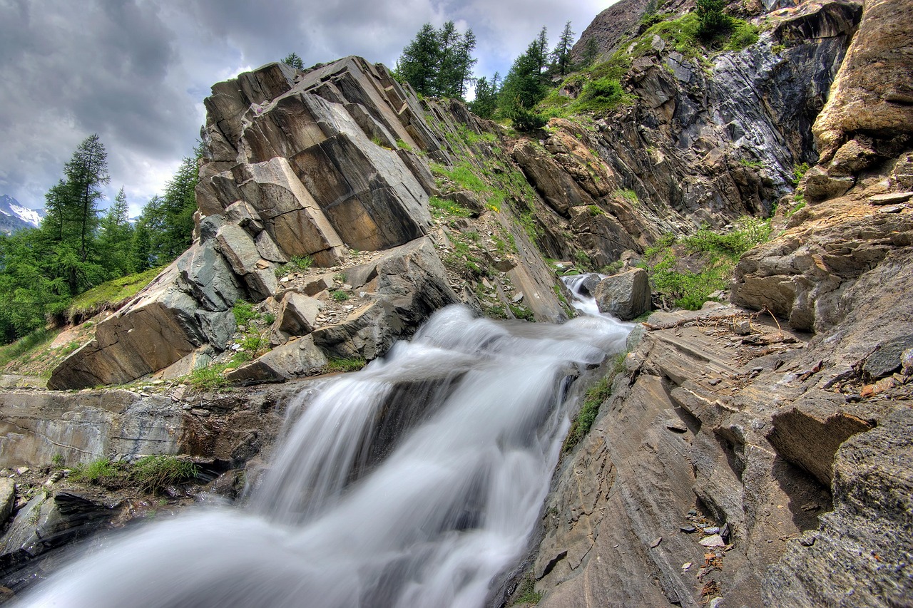 mountain, torrent, rocks, flowing water, wild environment, nature