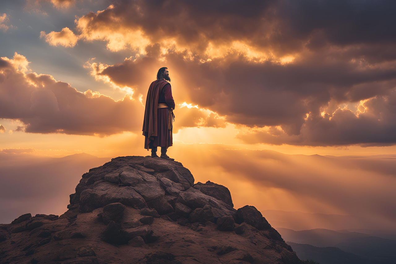 ai generated, muslim, prophet elijah in the mountain, prophet elijah, biblical prophet, old testament, elijah and elisha, mount carmel, fire from heaven, baal worship, jezebel, ahab, miracles, chariot of fire, drought and rain, tishbite, spiritual courage, prophet of god, biblical miracles, divine intervention, faith in god, confrontation with evil, biblical history