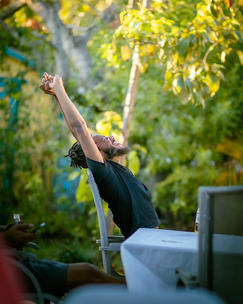 joy, fun, black man, man, garden, happy, dreadlocks, beard, life, living, smile, stretch