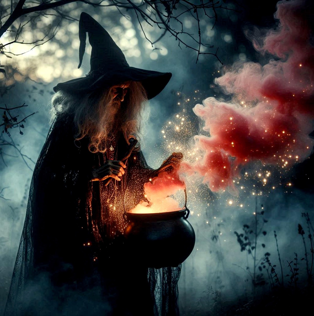 ai generated, witch, cauldron, smoke, ritual, halloween, old, magic, woman, fantasy, witchcraft, gruesome, mystical, night, silhouette, fire bowl, fire