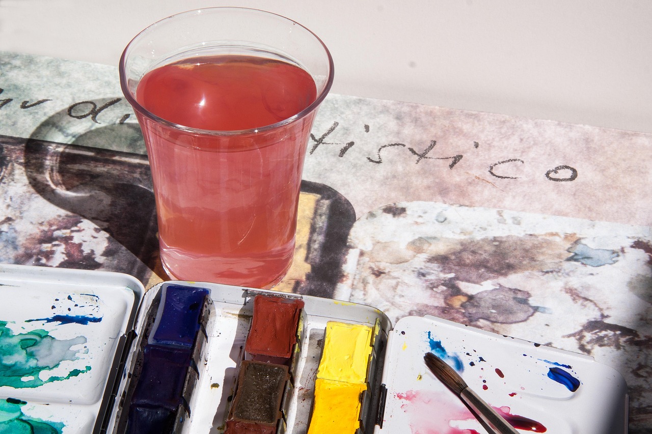 watercolor box, to dye, color wells, paint box, color blends, coloured, multicoloured, colorful, mix, paint brush, wet paint, watercolour paper, graphic, water glass