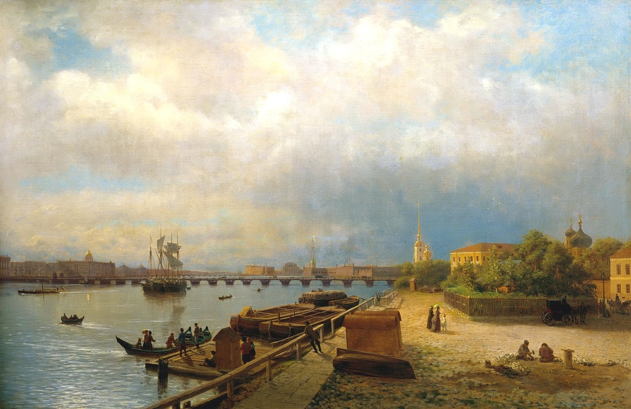 lev lagorio, art, painting, sky, clouds, bay, harbor, water, ships, st petersburg, russia, dock, pier, buildings, city, church, bridge, outside