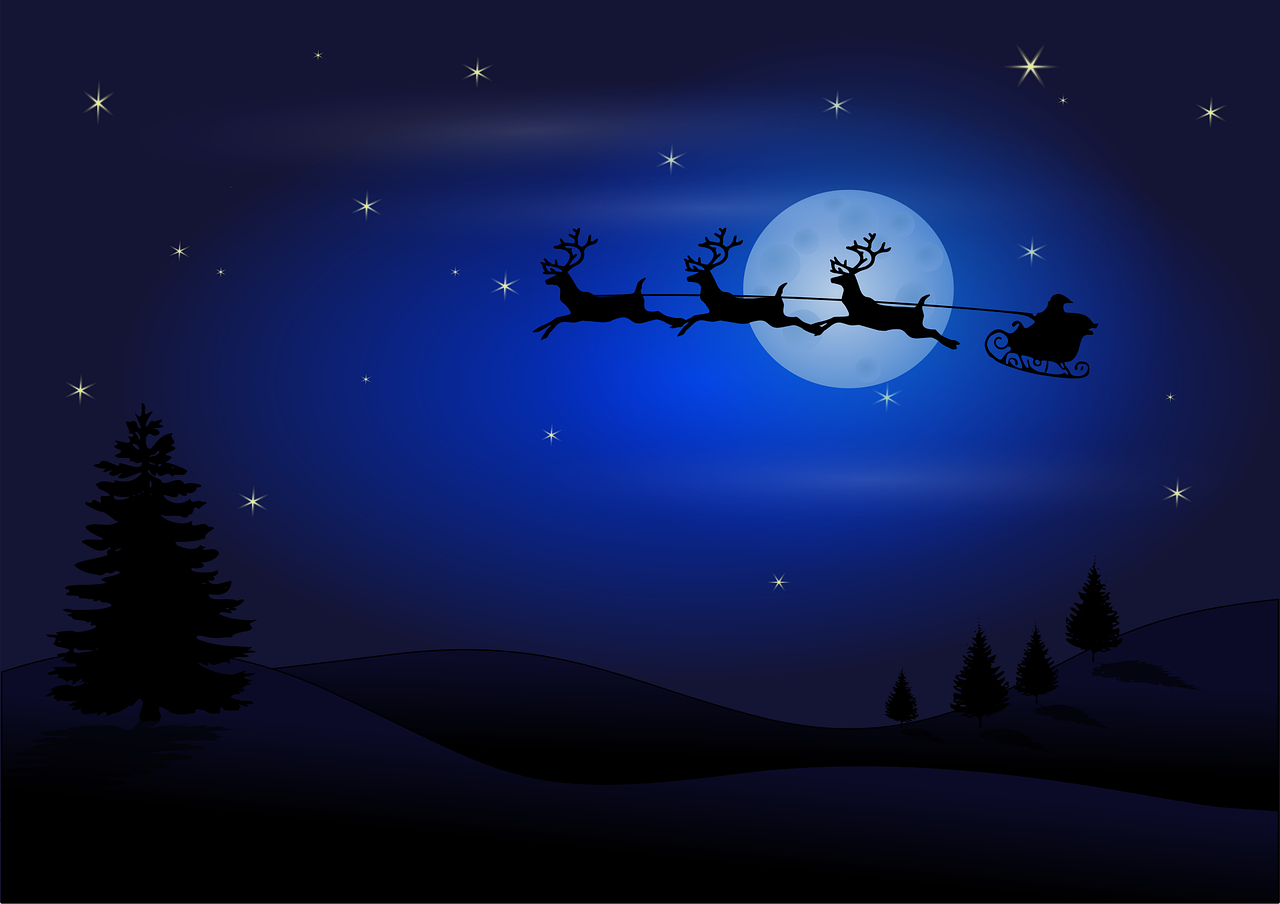 moon, silhouettes, santa claus, reindeers, santa, sleigh ride, sledding, flying, night, blue night, christmas, background, christmas background