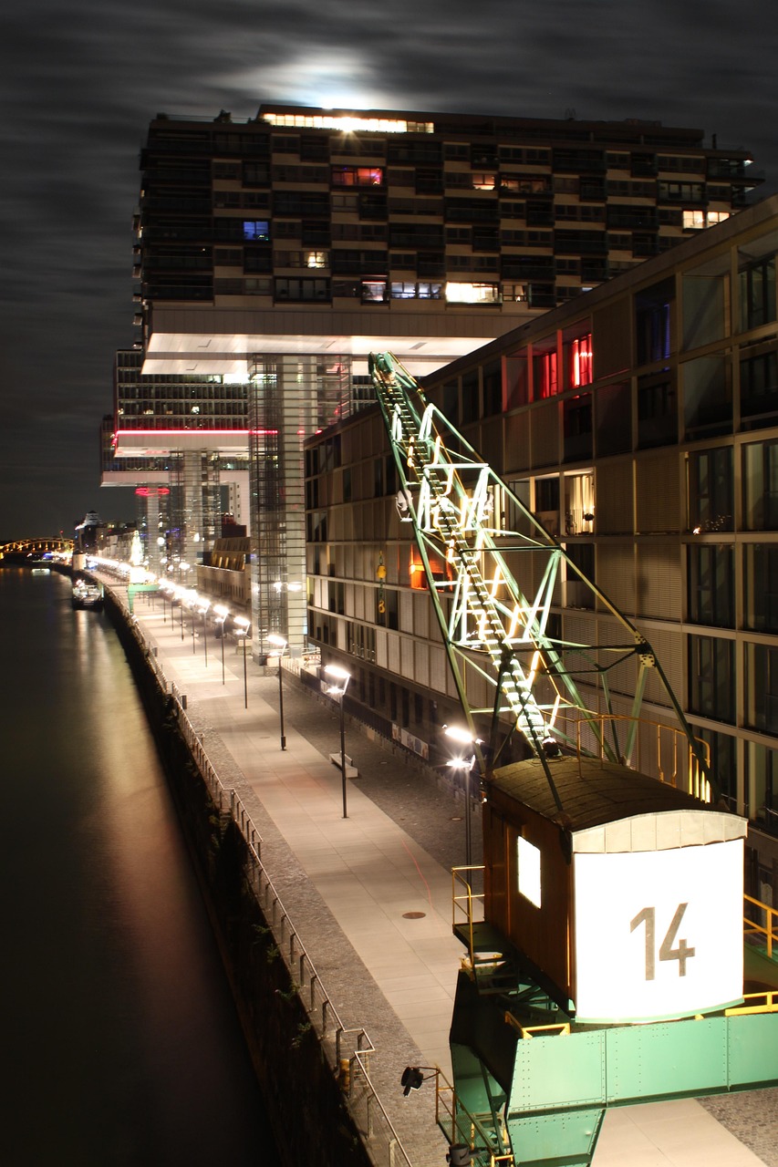 cologne, crane houses, rheinauhafen, night, rhine