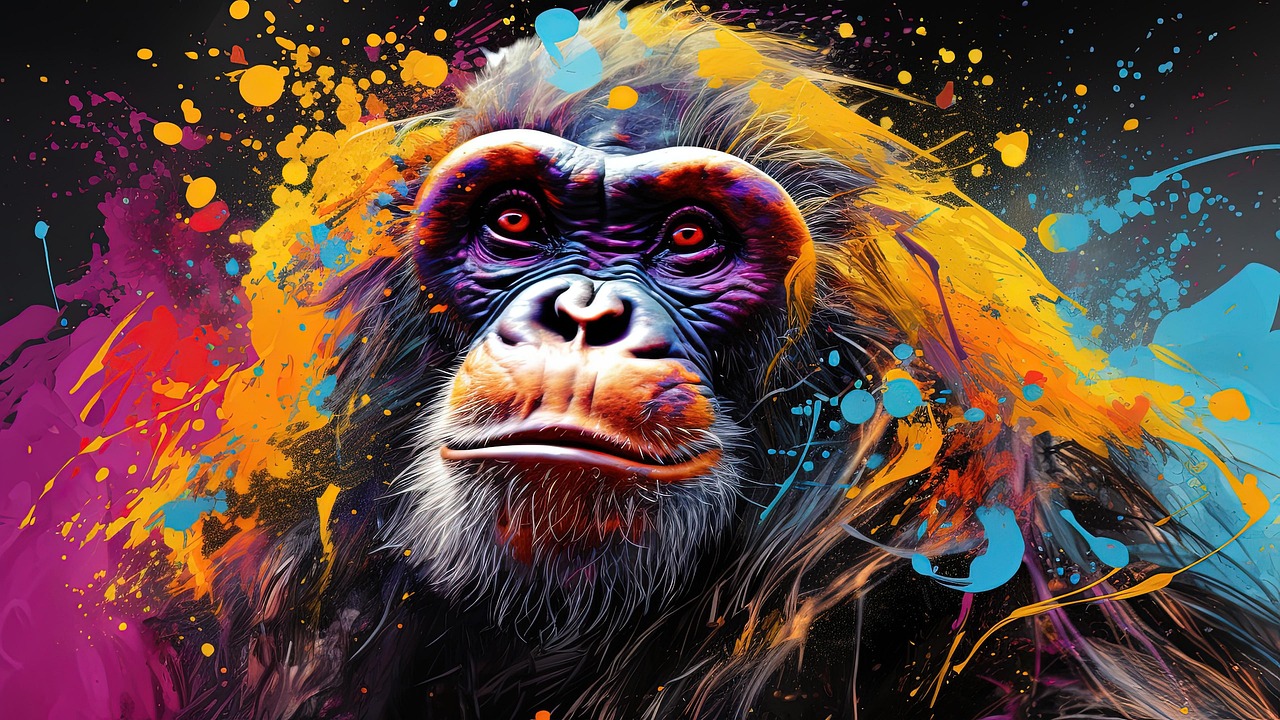 wise monkey, japanese proverb, paint splash art, digital art, animals, monkey, dark ink painting background, vibrant colors, symbolism, culture, eastern art, traditional art, minimalistic, meaningful, motivational, inspirational, ai generated