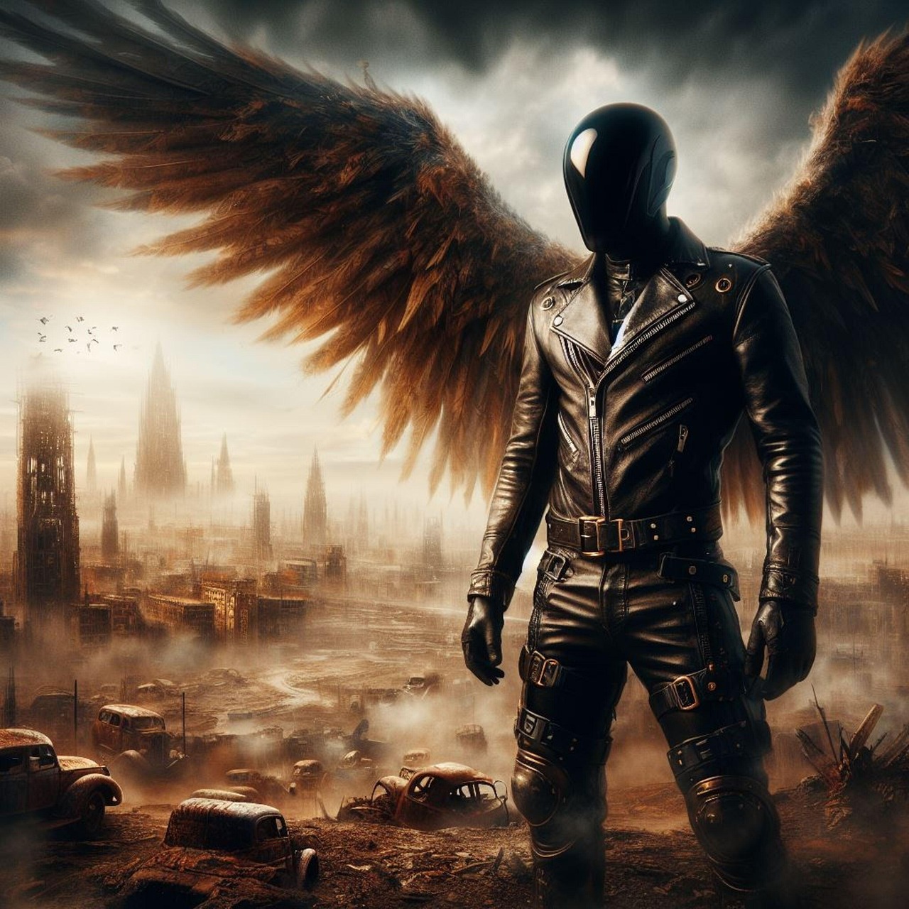 ai generated, angel, demon, moor, ruins, fallen angel, apocalypse, city, surreal, destruction, decadence, plague, skull, horror, cyberpunk, fantasy, torment