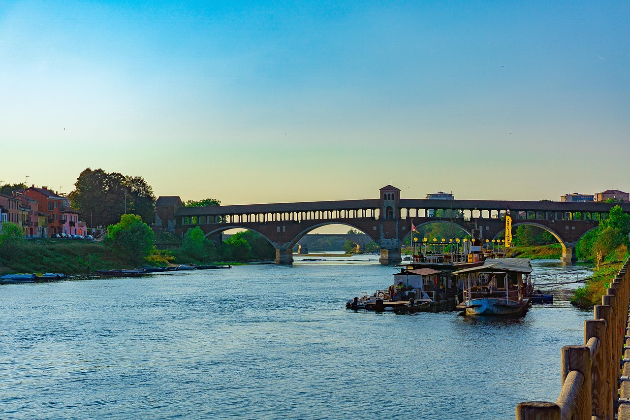 pavia, covered bridge of pavia, bridge of pavia, bridge, ticino, borgo ticino, urban, city, river, the river ticino, sunset, water, lombardy, italy, travel
