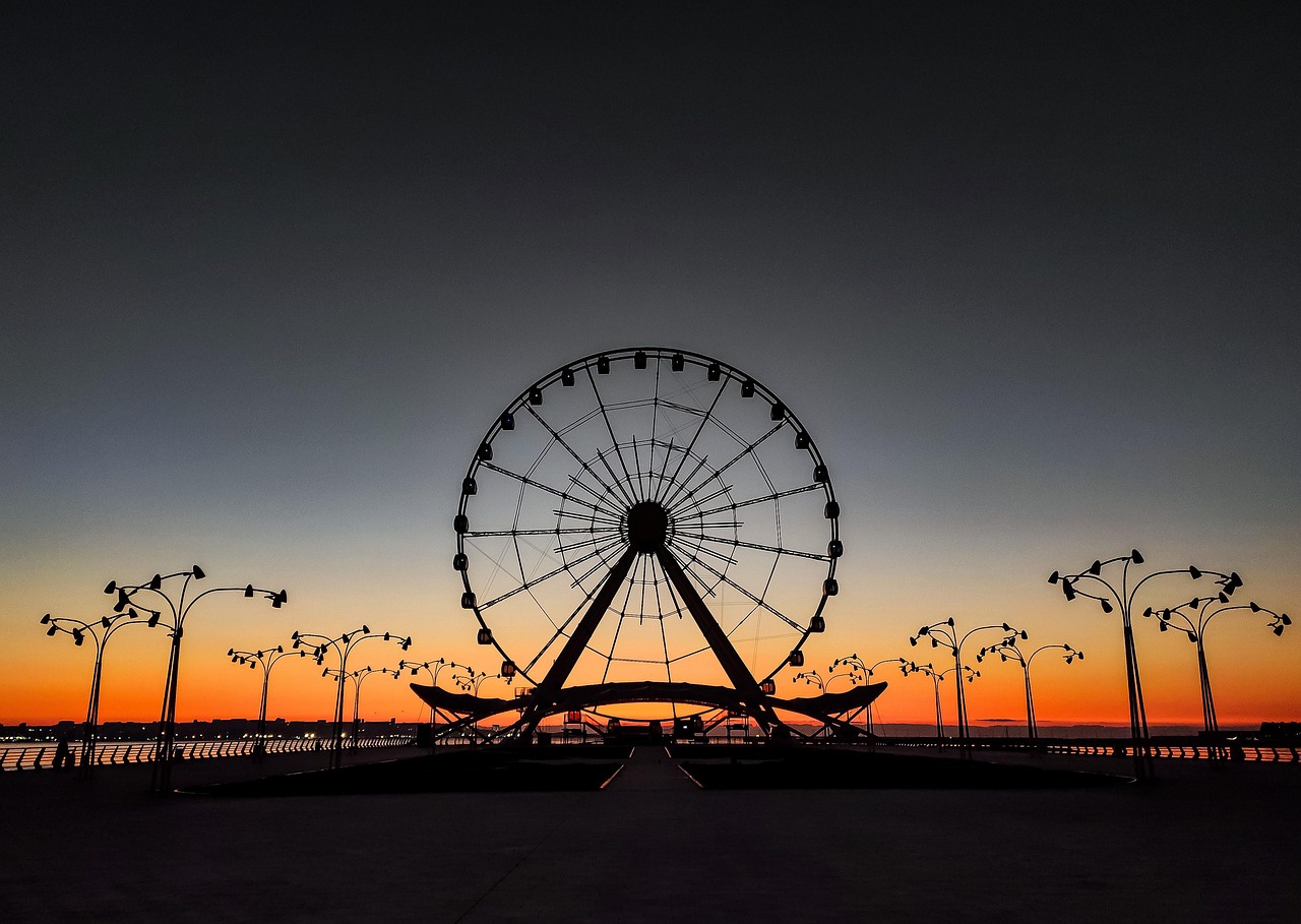 baku eye, ferris wheel, sunrise, sea, morning, water, beach, sky, dawn, landscape, summer, nature, reflection, boat, calm, meditation, horizon, panoramic, lake