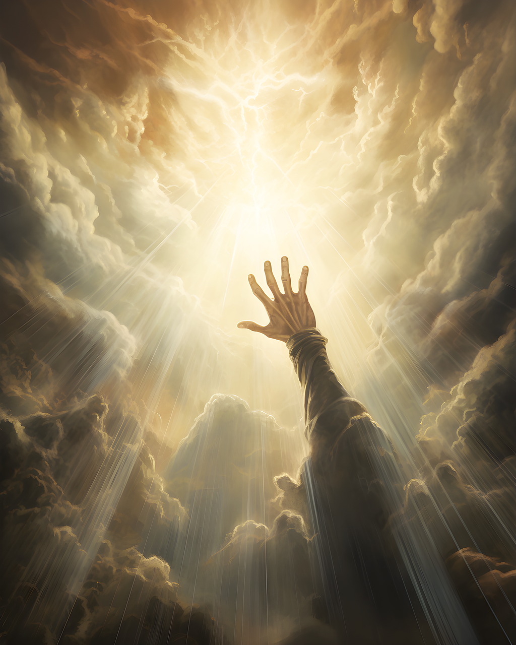 ai generated, heaven, hand, reaching up, clouds, light, glory, god, jesus, hope, christian, faith, belief, religion