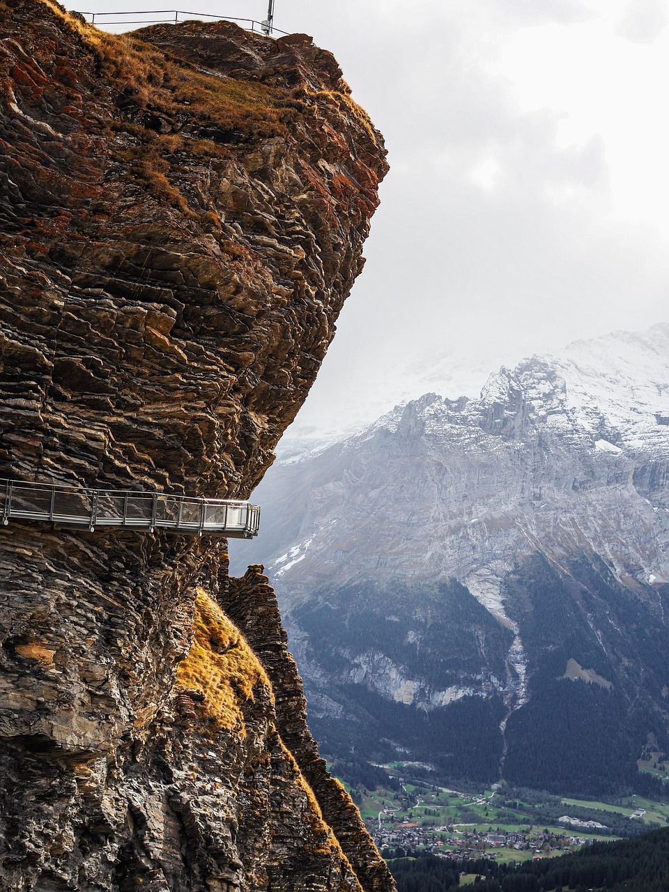 mountain, observation deck, railing, view, rocks, skywalk, paraglider, paragliding, nature, landscape