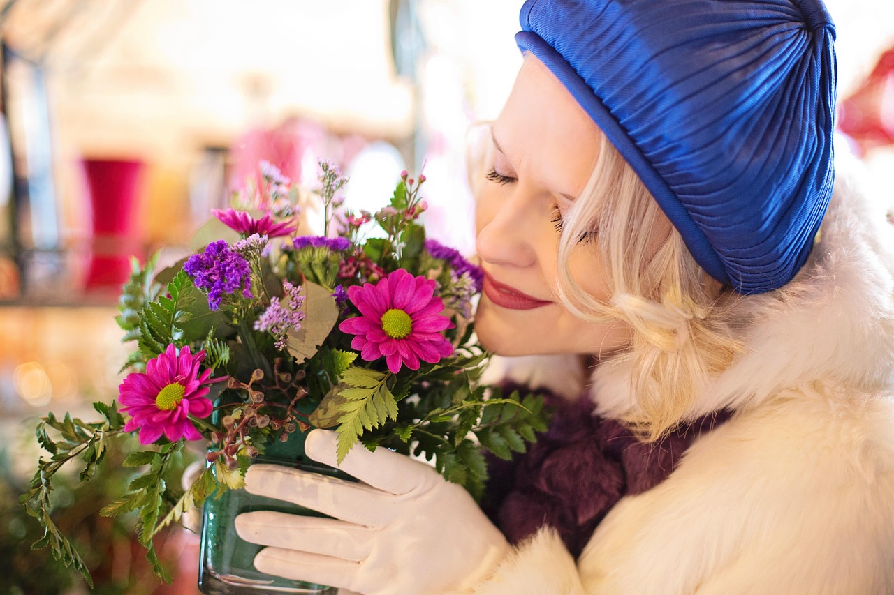 flower shop, flowers, shop, bouquet, love, florist, blooms, woman, smelling flowers, sniffing flowers, purple, pink