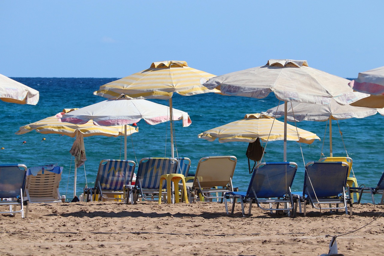 beach, resort, paradise, island, vacation, sea, deck chairs, tourism, umbrellas, greece, rhodes