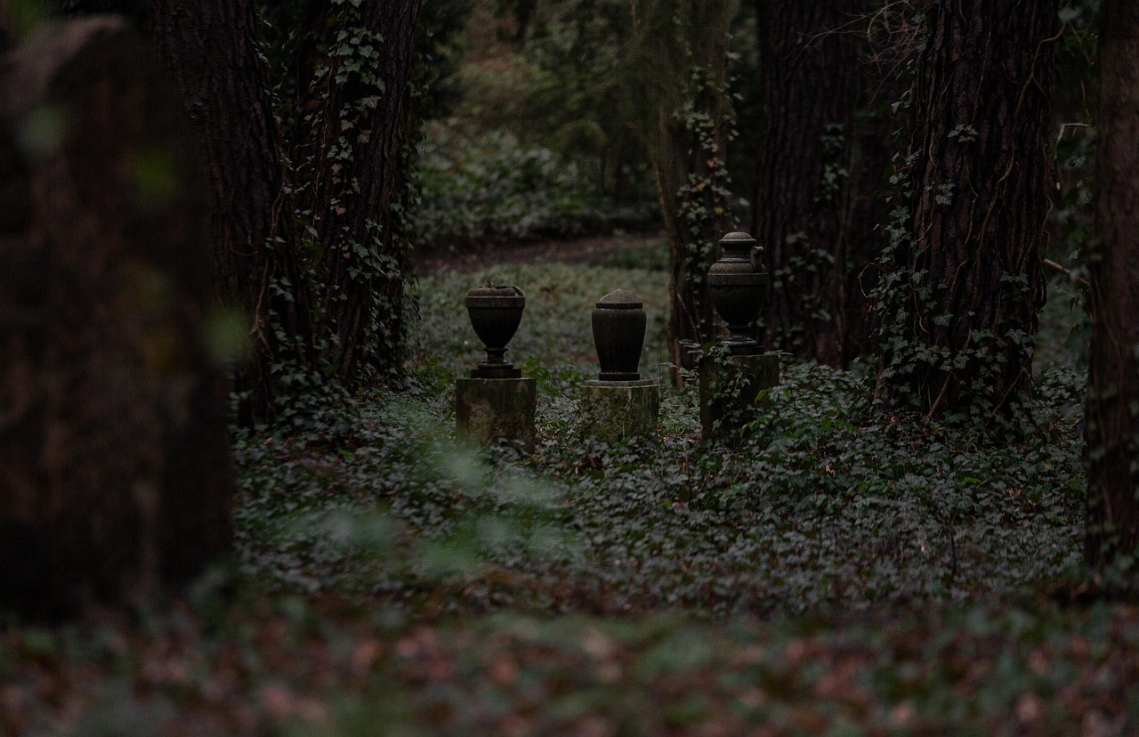 sculpture, urn, vase, green, graveyard, ivy, overgrown, haunting, mystical, stahnsdorf, southwest churchyard