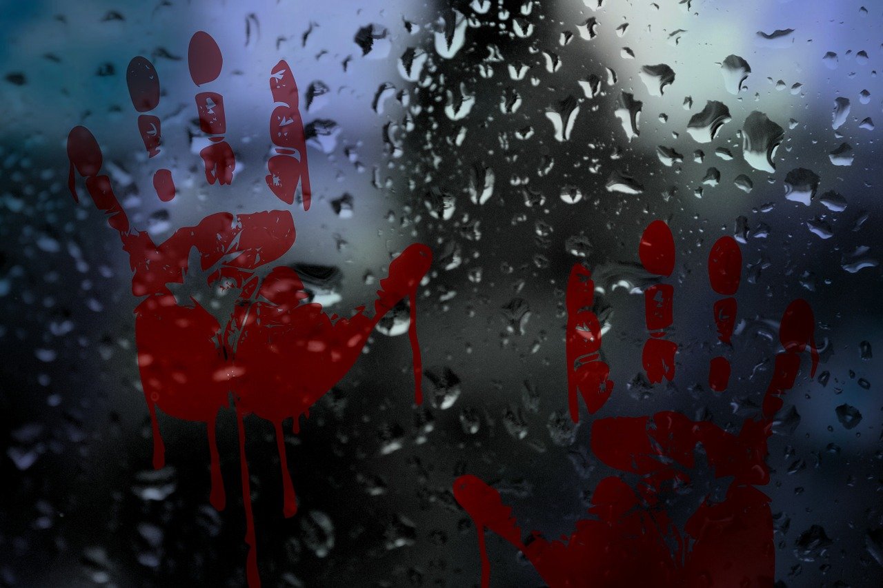glass pane, drops, rain, handprint, bloody, waterdrop, raindrop, wet, glass, water, roll off, window