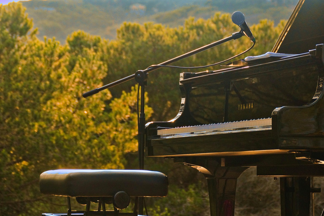 piano, open air, nature, mountain, landscape, keys, microphone, scene, music