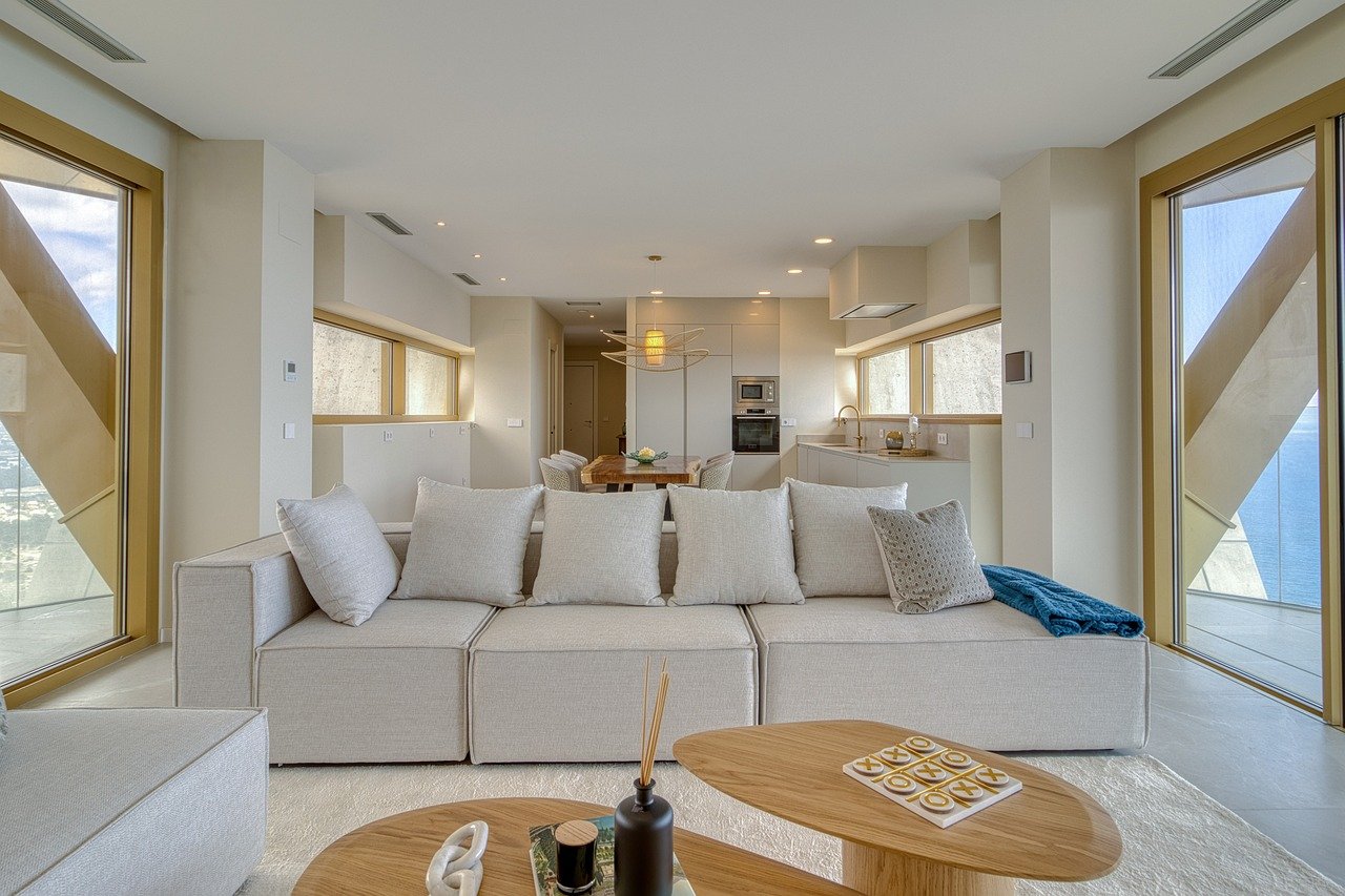 living room, modern interior, neutral colors, open plan, real estate photography, mediterranean home, costa blanca apartment, contemporary design, bright living space, luxury property, intempo