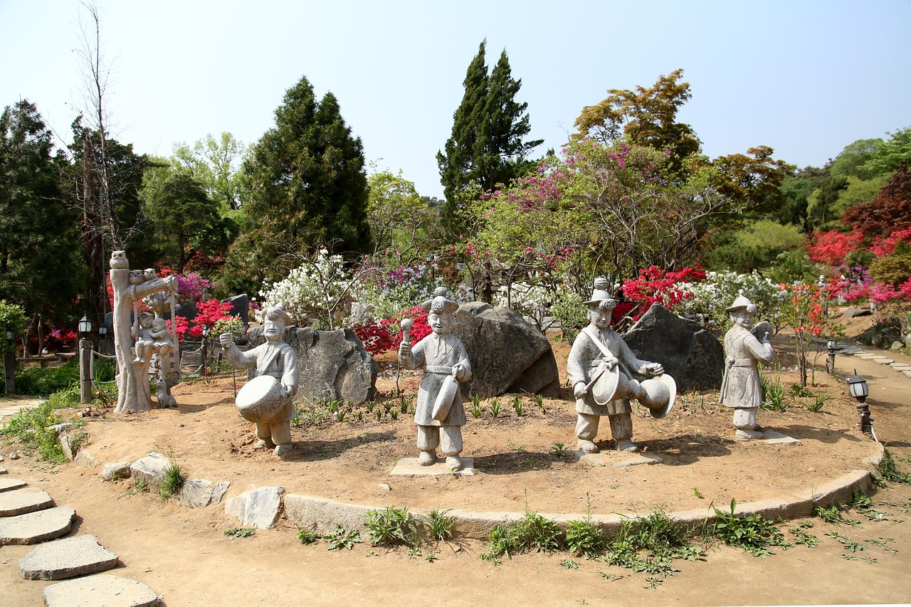 statues, pungmulnori, park, stone statues, sculptures, decorative, culture, garden, korean, south korea