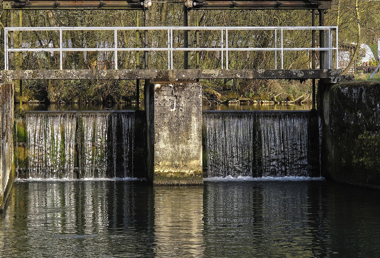 defense, weir, bridge, waters, flow, reflection, channel, overflow, nature
