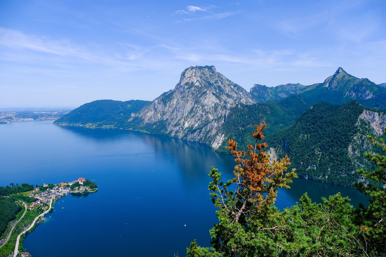lake, mountains, trees, landscape, nature, mountain traunstein 1691 m, traunsee, austria, view from the sonnstein mountain 923 m