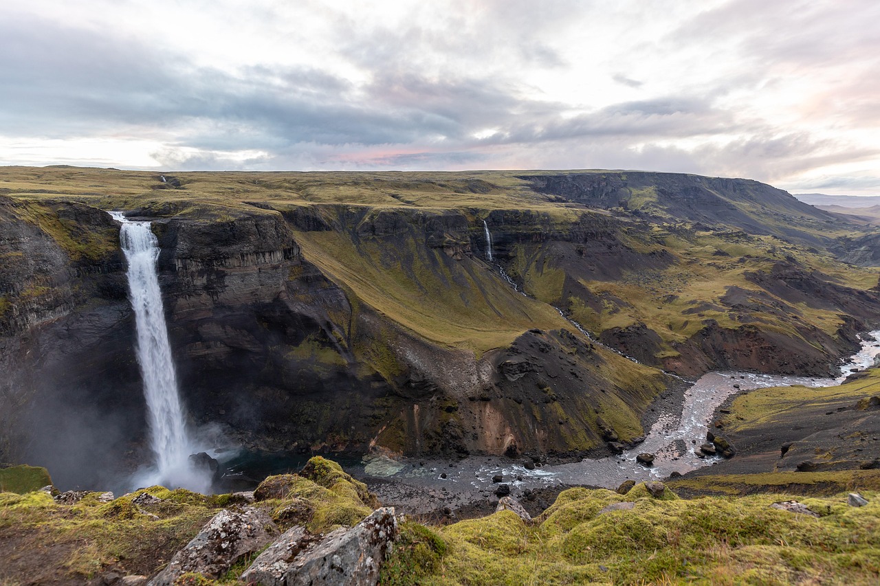 haifoss, iceland, waterfall, idyll, landscape, gorgeous, heaven, sunset, golden hour, canyon, water masses, valley, outlook, foresight, distance, wanderlust