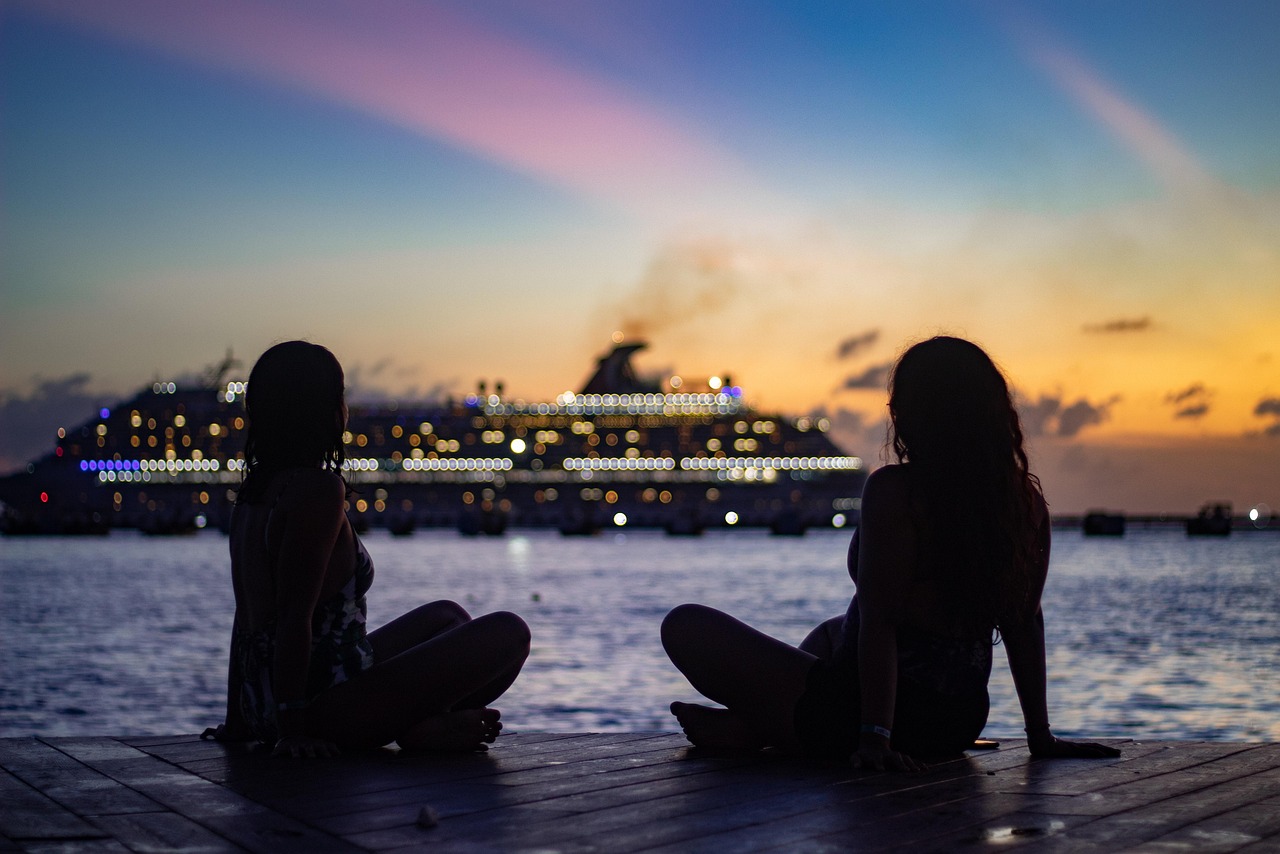 women, pair, silhouettes, female silhouettes, relaxing, sitting, cruise, boat, sea, ocean, mexico
