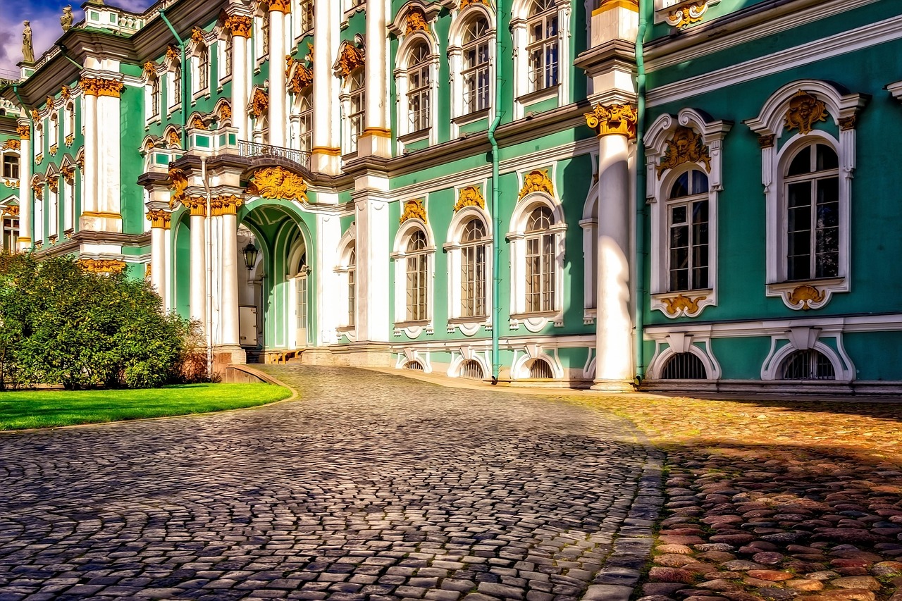 hermitage, st petersburg, russia, historical, museum, driveway, paving stones, old, road, paved, building, facade, world heritage, sunny, colorful, relief