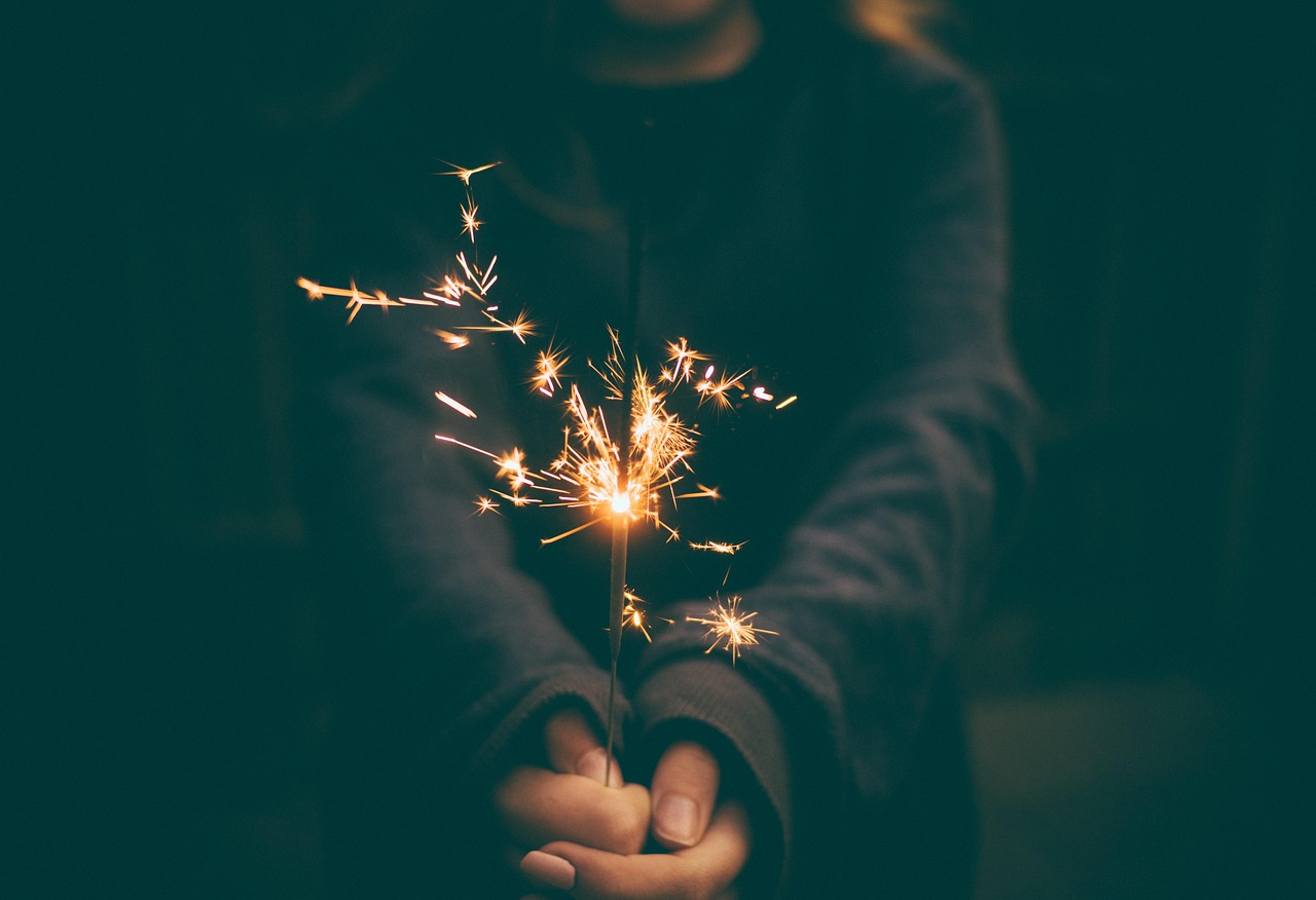 sparkler, firework, celebrate, celebration, flame, hand, night, sparks