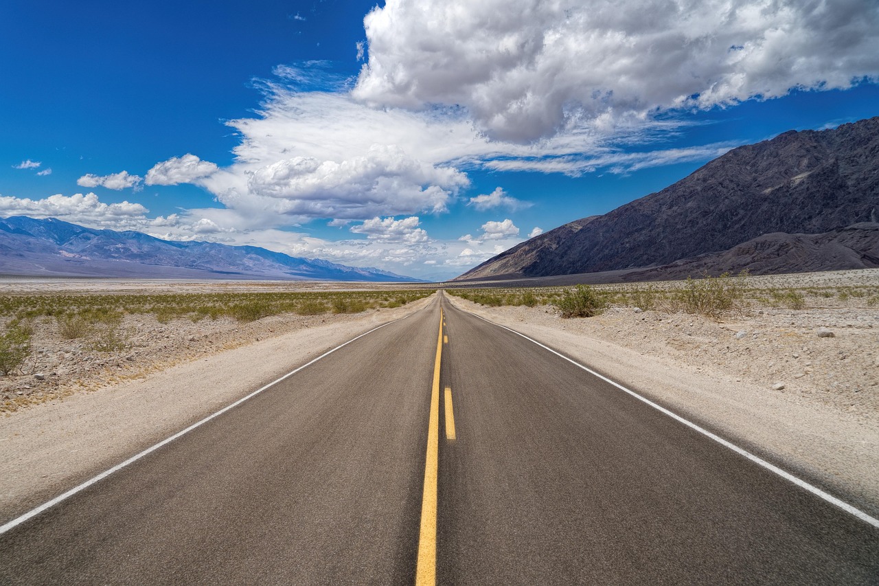 death valley, road, landscape, desert, nature, dry, panorama, away, movement, travel, clouds, sky, mountains