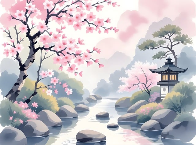 garden, zen, nature, calm, peaceful, spiritual, spirituality, minimal, japan, relaxation, water, sakura, flowers, blossom, bloom, pink, landscape, watercolor, painting, pastels, ai generated, wallpaper