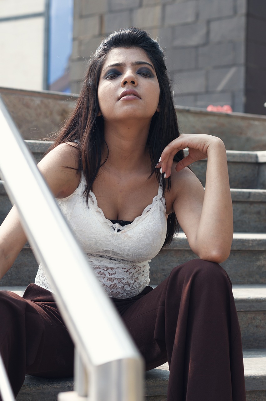 fashion, model, portrait, girl sitting with open legs, india, girl on stairs