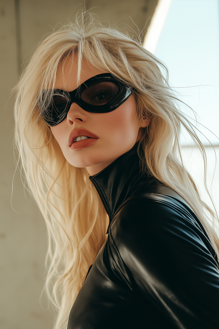 retro, sunglasses, shades, wraparound, goggles, blonde, catsuit, long hair, wild, 60s, sixties, fashion, ai generated